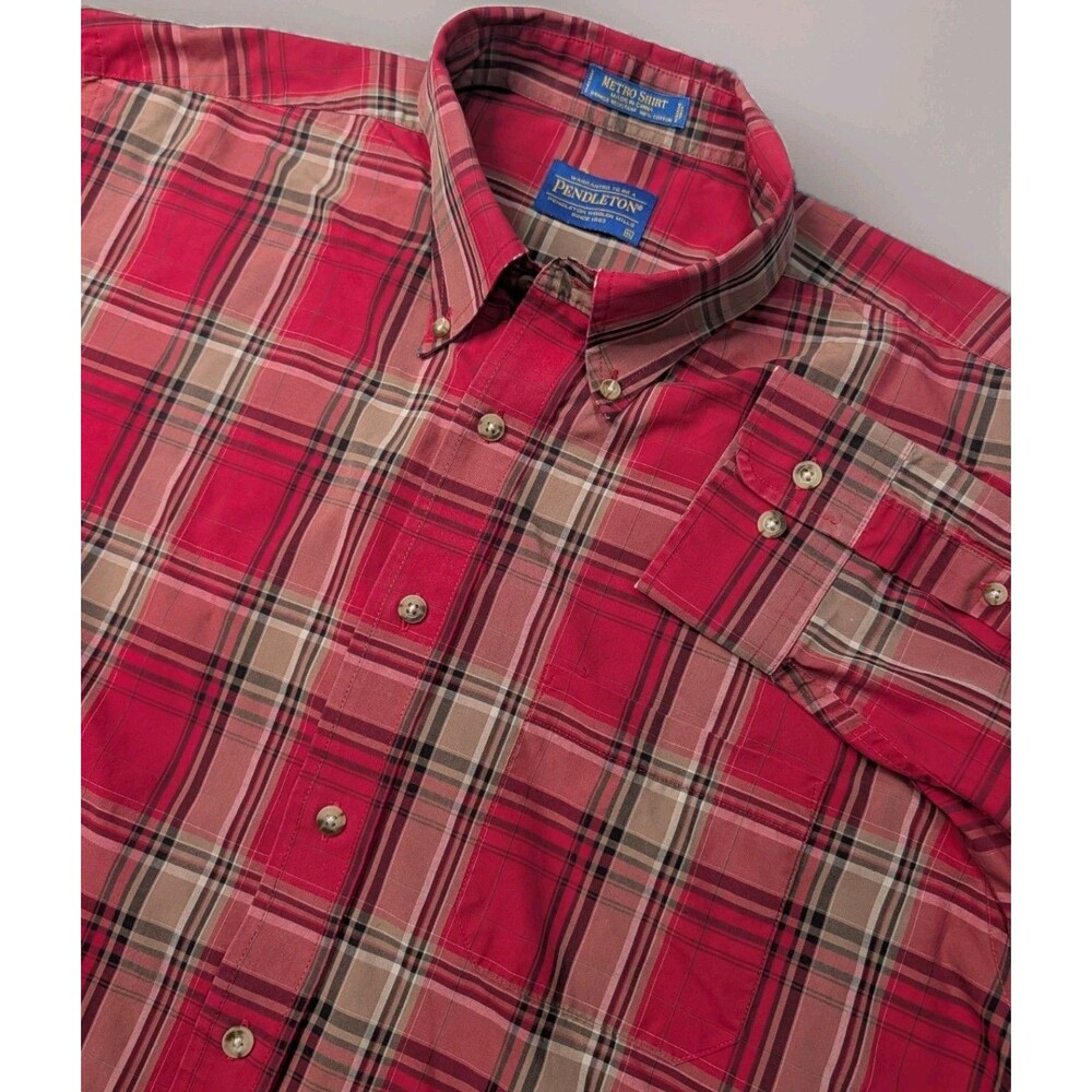 Pendleton Button Down Metro Shirt Size XL Red Plaid Wrinkle Resistant
